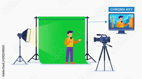 An illustration of the behind-the-scenes magic of television production, showcasing the chroma key technique as a presenter delivers with precision. 