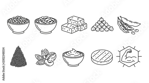 Set of Vegan Protein Food Icons, Sketch Style Illustrations of Plant Based Nutrition and Superfoods