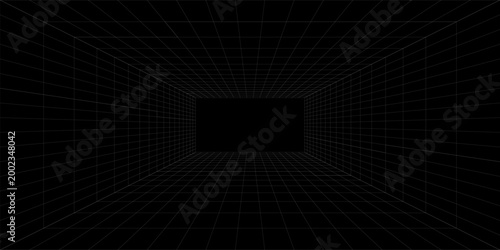 3d wireframe grid empty room. Abstract perspective grid. black background with white mesh
