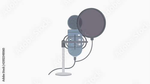 Professional studio microphone with a pop filter, depicted in a flat design, conveys the essence of high-quality audio recording and broadcasting.