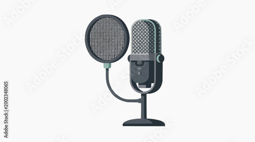 A studio microphone, complete with a pop filter, stands poised for audio recording. This image is clean and well-lit, ideal for media and sound projects.