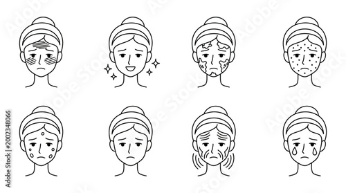 Set of Skincare Problem and Facial Treatment Icons Illustrating Various Dermatological Conditions