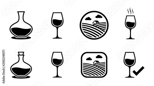 Set of Black Wine Icons Featuring Vineyard Landscapes Decanters and Stemware Silhouettes