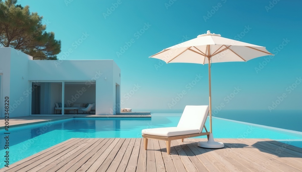 Fototapeta premium Modern white chair sits beside infinity pool under bright sun and clear blue sky. Umbrella offers shade on wooden deck. Relaxing resort scene with ocean view.