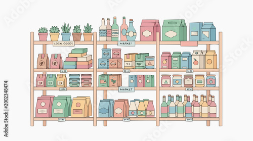 A meticulously organized retail display, showcasing a variety of thoughtfully designed products, epitomizing the essence of a modern grocery and consumerism.