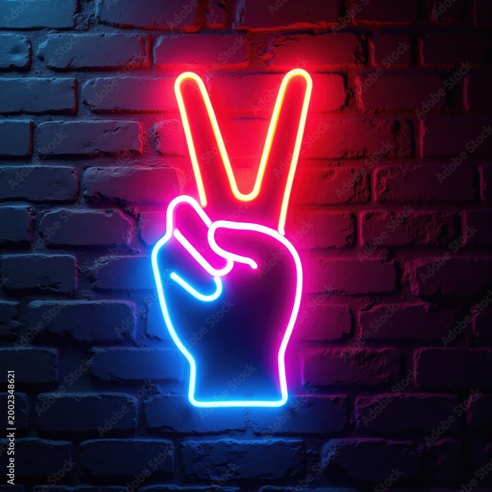 Naklejka premium Neon hand sign showing peace and victory against brick wall. Bright glowing V symbol in red and blue lights. Retro symbol of triumph celebration and good luck.