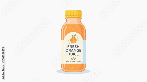 A Refreshing Bottle of Pure Orange Juice. A close up shot of a bottle with delicious orange juice, simple and attractive design. The bottle is well-lit.