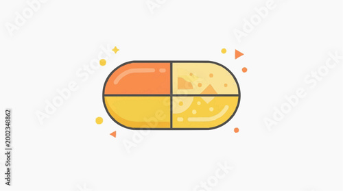 An illustration of a split pill, presenting a simple visual, symbolizing medicine and health