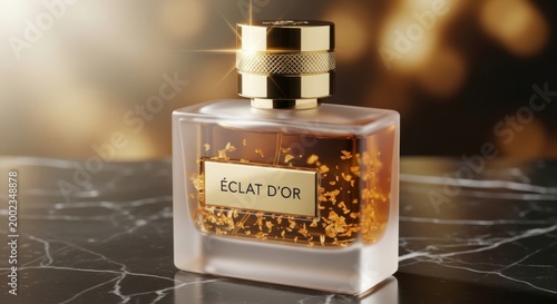Luxury glass perfume bottle with golden liquid and gold flakes on a dark marble surface