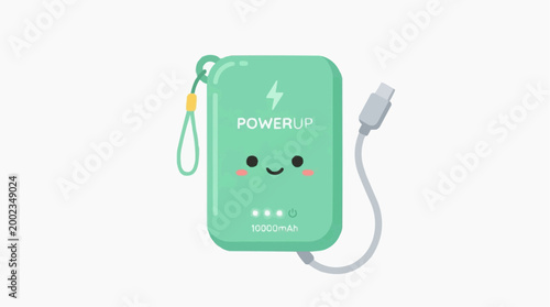 A charming and whimsical illustration of a power bank, emanating friendly energy. Its clean design and vibrant colors, perfectly encapsulate modern technology.