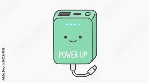 A friendly and adorable cartoon power bank in vibrant turquoise, radiating energy. Perfect for tech and gadget enthusiasts.