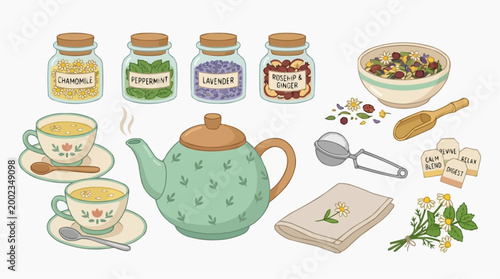 A visually appealing composition of a delightful tea arrangement, featuring a charming teapot, teacups, and various herbs. Capturing the essence of a serene tea-time experience.