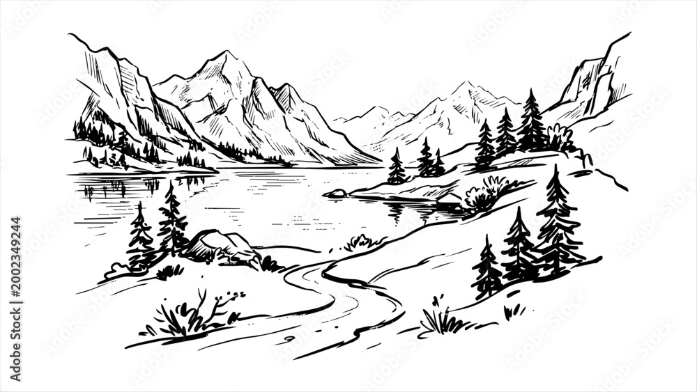 Fototapeta premium Hand-Drawn Mountain Landscape Sketch with Alpine Lake and Pine Trees, Black and White Ink Illustration of Wilderness Nature Scenery in Vintage Engraved Style