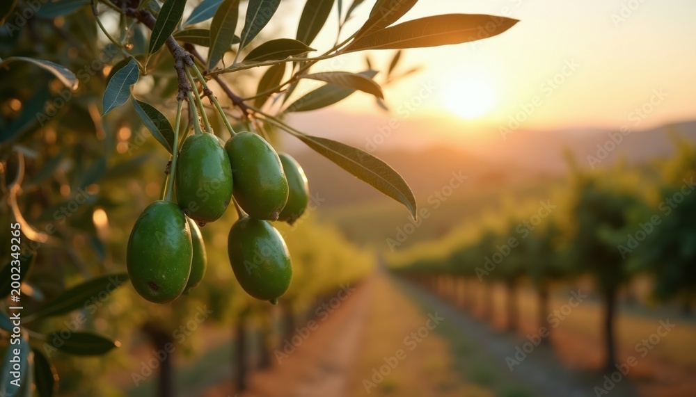 Fototapeta premium Green olives grow on a branch in a vineyard at sunset. The Mediterranean landscape and rows of grapevines are blurred softly in the background.