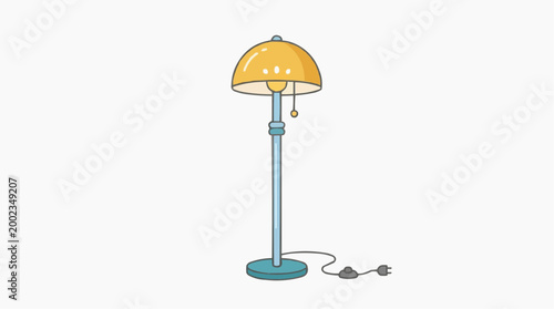 An illustrated floor lamp illuminates the scene, depicting a cartoon-like lamp with a simple, modern design, ready to brighten any space.