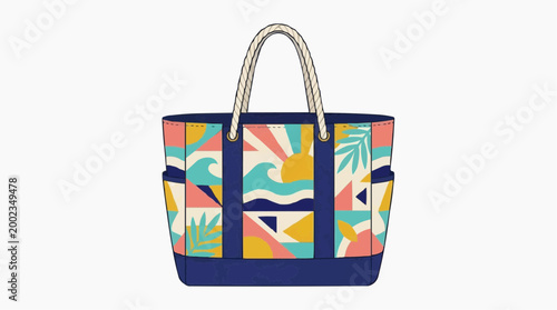 A vividly patterned tote bag against the plain background is ideal for carrying essentials to beach, capturing the cheerful beach vibe.
