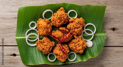 Crispy fried onion pakora snacks served on a green banana leaf with raw onion rings