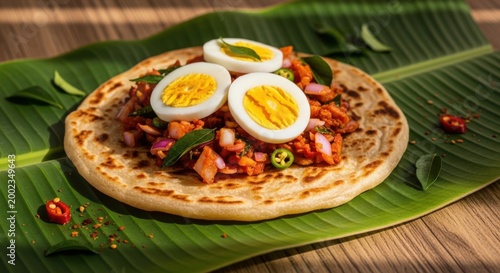Delicious indian egg paratha served on a fresh green banana leaf on a rustic wooden table