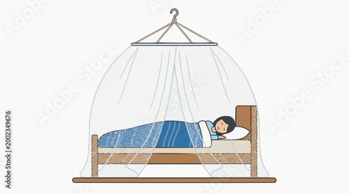 Resting peacefully, an individual slumbers under the gentle protection of a mosquito net. It's a sanctuary for sleep, providing both security and serenity, illustrated with calm and clarity.