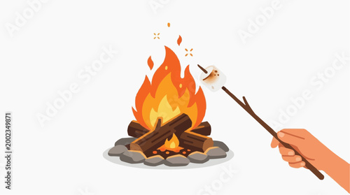 A cozy campfire crackles with inviting flames, roasting a marshmallow held delicately. evoking memories of outdoor adventures and social gatherings.