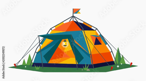 An illustration of a vibrant, geometric tent, evoking a sense of adventure and outdoor exploration. Capturing the spirit of camping and the beauty of nature.