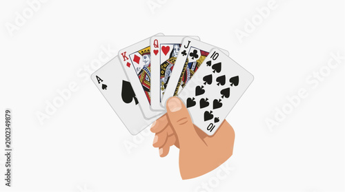 A winning hand of cards is held, showcasing a royal flush in a photorealistic representation, perfect for illustrating games of chance.