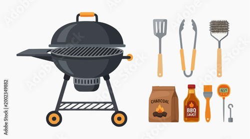 An array of essential barbecue tools and components are arranged artfully, inviting the viewer to imagine the deliciousness of grilling and gathering.