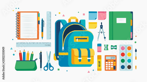 A vibrant collection of back-to-school essentials artfully arranged against a clean backdrop. Perfectly capturing the spirit of learning and creativity. 