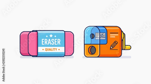 A collection of essential stationery items, featuring an eraser and pencil sharpener in a vibrant, artistic representation, perfect for educational settings and creative projects.