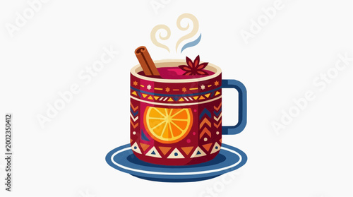 A steaming mug of spiced mulled wine, adorned with cinnamon stick and star anise, invites you to savor a taste of the season.