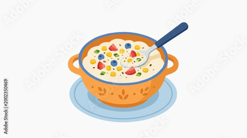 A vibrant illustration showcases a visually appealing breakfast of creamy oatmeal in a decorative bowl, garnished with colorful fresh berries.