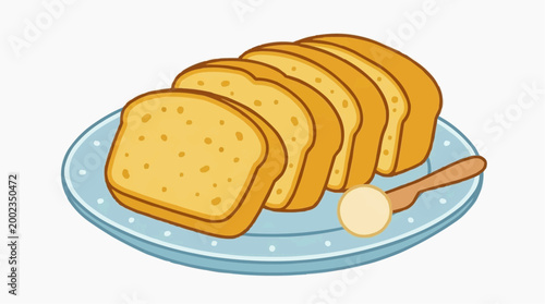 A plate of freshly baked bread slices, inviting the viewer with the warm aroma of a comforting breakfast, simple and satisfying. 