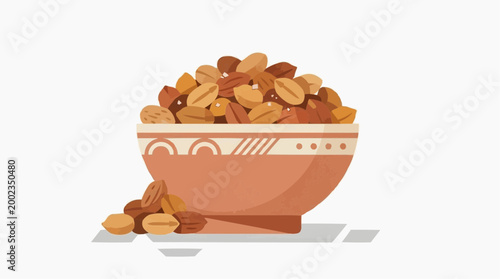 A vibrant illustration of a ceramic bowl, overflowing with an array of nutritious nuts, depicting healthy snacks.