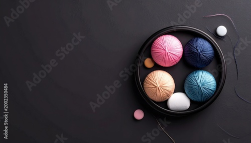 Yarn Spheres in Harmonious Arrangement on Dark Background, Craft Material Concept