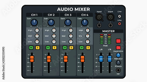 A close-up studio shot presents a detailed view of an audio mixer, showcasing its knobs, sliders, and input-output connectors with clear labeling.
