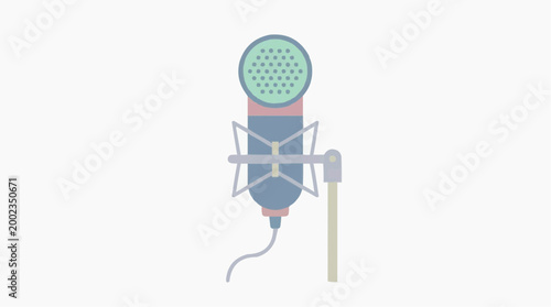 A detailed illustration of a vintage microphone stands out against a clean backdrop, perfect for audio and podcasting themes. The microphone, with its intricate design and focus.