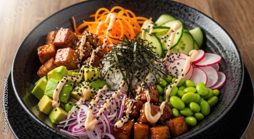 Fresh poke bowl with tofu avocado cucumber and vegetables in a black ceramic bowl on wooden table isolated on white background
