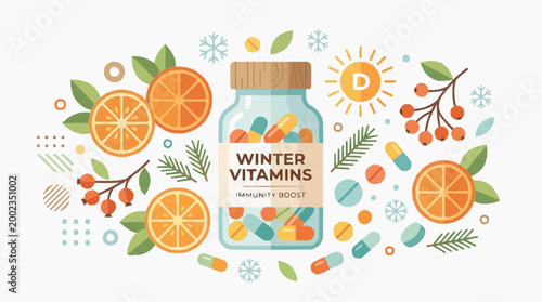 A vibrant illustration showcasing a collection of winter vitamins for immune boosting, surrounded by fresh oranges and natural elements.