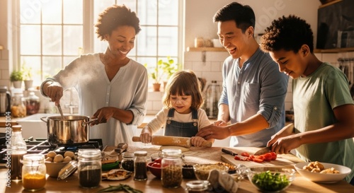 Happy multiethnic family cooking together in a sunny home kitchen isolated on white background