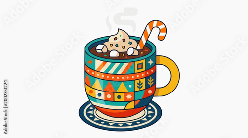 A festive mug of steaming cocoa, adorned with whipped cream, marshmallow and candy cane, sitting atop a decorative coaster, a charming and inviting depiction of warmth and comfort.