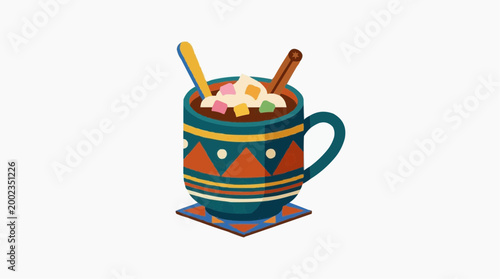 A whimsical illustration of a steaming mug filled with hot chocolate, marshmallows, and cinnamon sticks, perfect for a cozy moment.