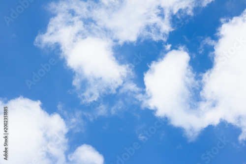 Bright blue sky filled with soft, fluffy clouds creating a light and airy atmosphere, ideal as a natural background with a clean and peaceful visual feel.