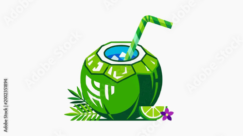 Refreshing illustration of a green coconut drink with straw, ice, and lime slice, offering a taste of tropical paradise. Perfect for vacation themes, it evokes the essence of summer relaxation.