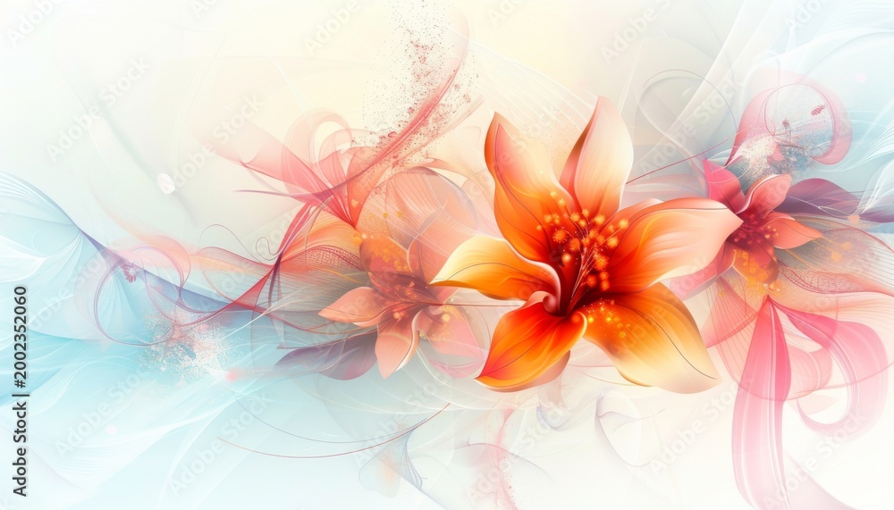 Obraz premium Vibrant floral abstract design featuring orange lilies and delicate swirls on a soft pastel background