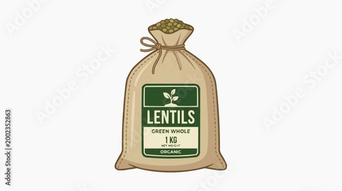 A single sack, bursting with fresh green lentils, evokes the purity and essence of wholesome organic cuisine. The rustic sack, adorned with a label, encapsulates the freshness of the green lentils.