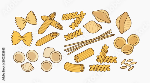 Assorted Pasta Variety and Culinary Delight, a top-down view displaying the assortment of uncooked pasta shapes.