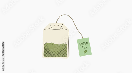 An illustration of a minimalist, clean, and refreshing teabag, promoting a moment of calm and a flavorful experience.