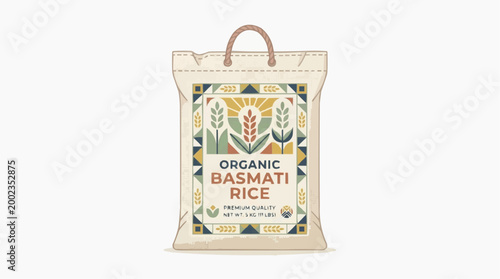 An inviting illustration of a bag of organic Basmati rice, symbolizing purity and quality in this vibrant composition.