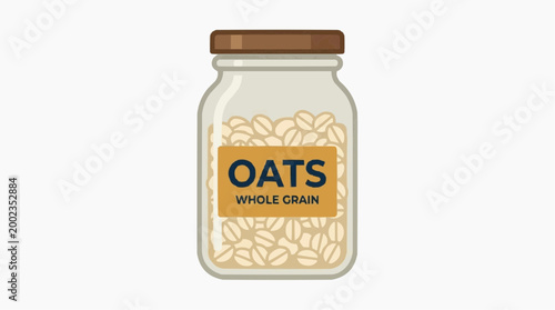 A clear jar, filled with nutritious rolled oats, and presented in a simple illustration on display.