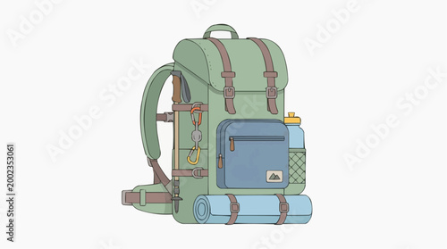A meticulously crafted illustration showcasing a quintessential hiking backpack, replete with essential gear. This appealing image encapsulates the spirit of adventure, outdoor exploration.
